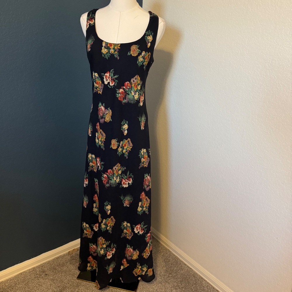 Vintage 90s Whimsigoth Floral Sans Souci Maxi Dress Large Black